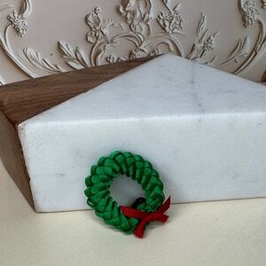 Vintage Handmade 1980s Ribbon Green Wreath with Red Bow Pin or Brooch #17